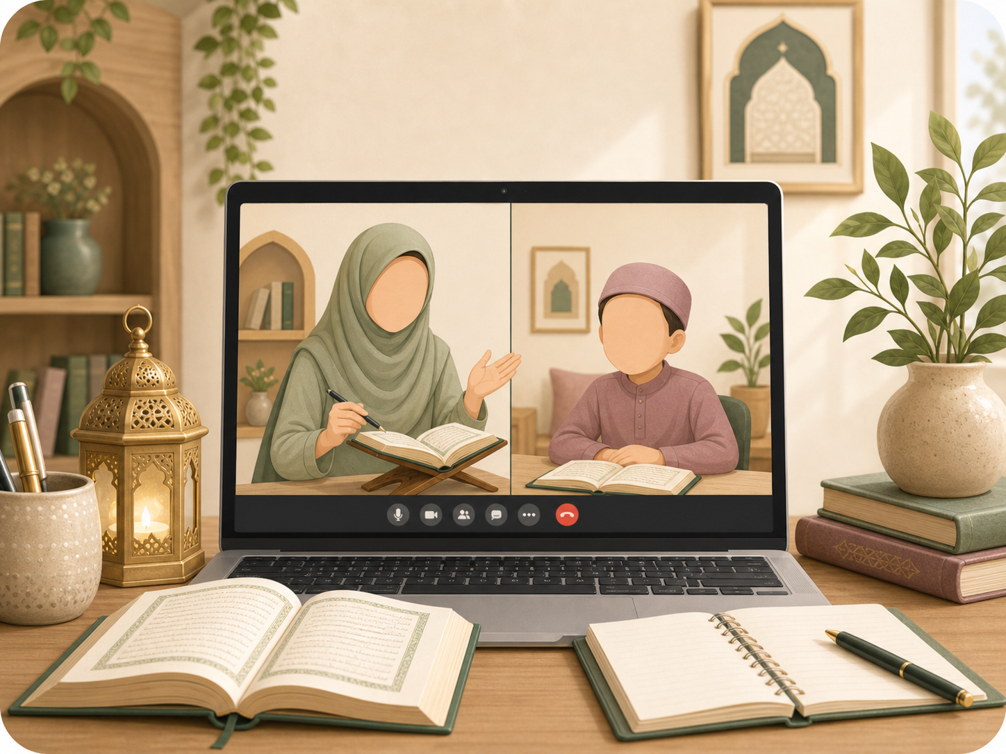 Ilustrasi faceless guru dan murid belajar Al-Qur'an melalui video conference